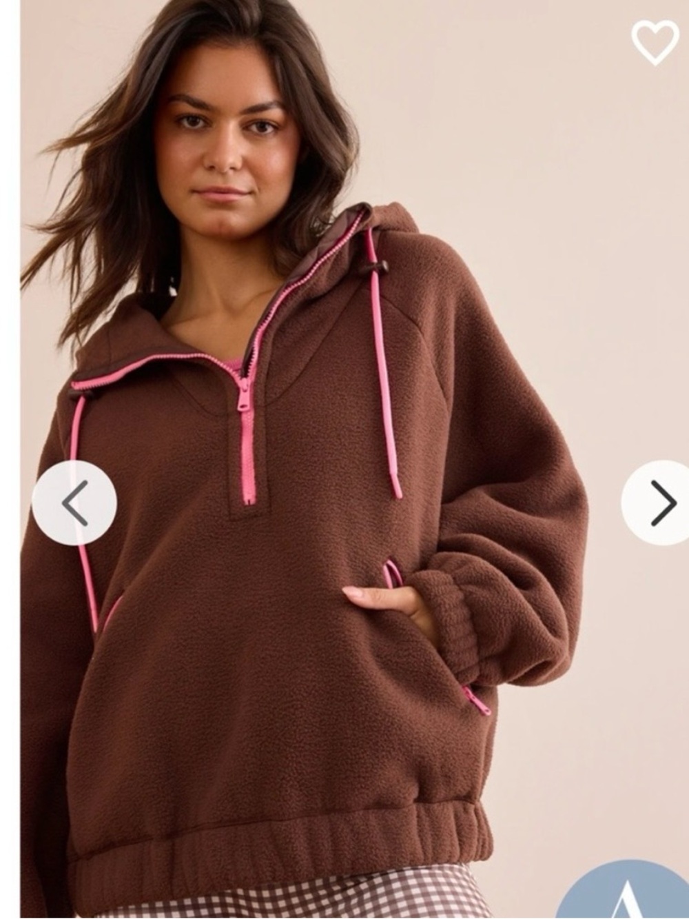 Altar'd State Brown Teddy Half-Zip Jacket with Pink Trim